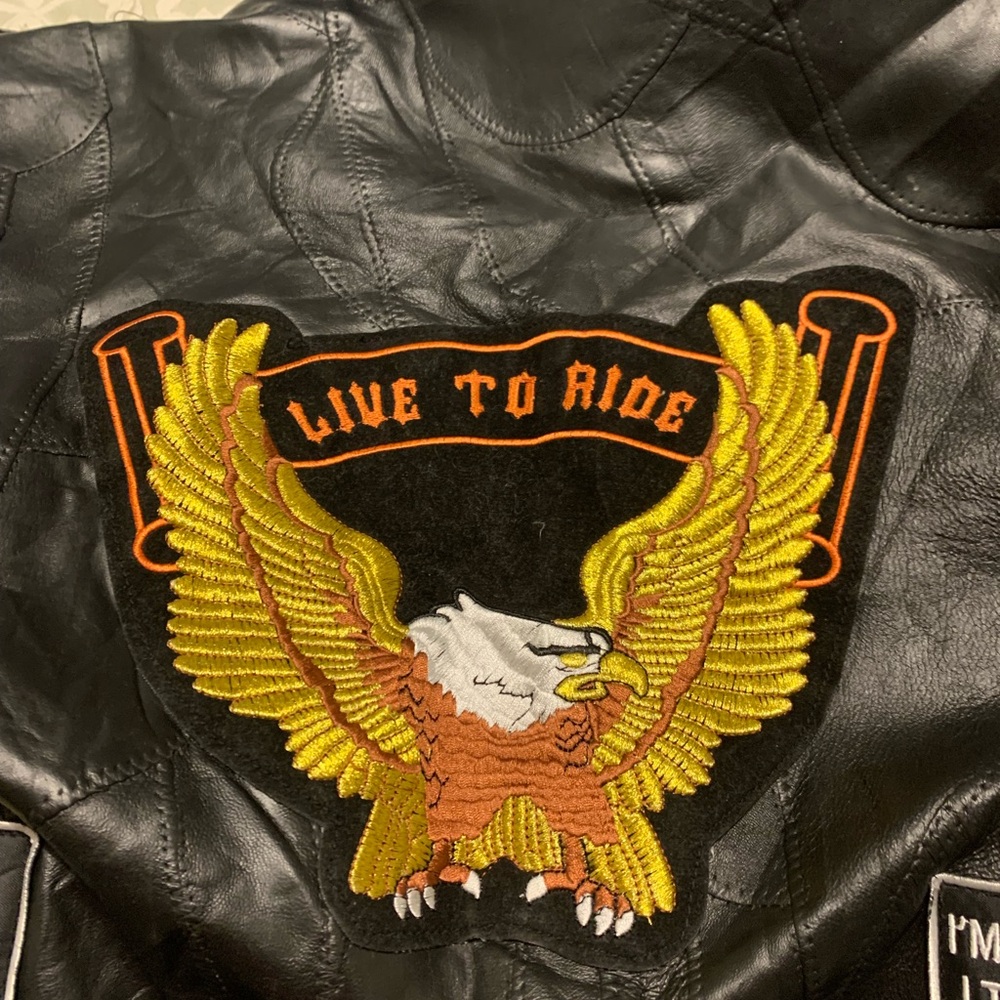Motorcycle Rider Leather Jacket Gold Embroidered Eagle Live To Ride Size 2X